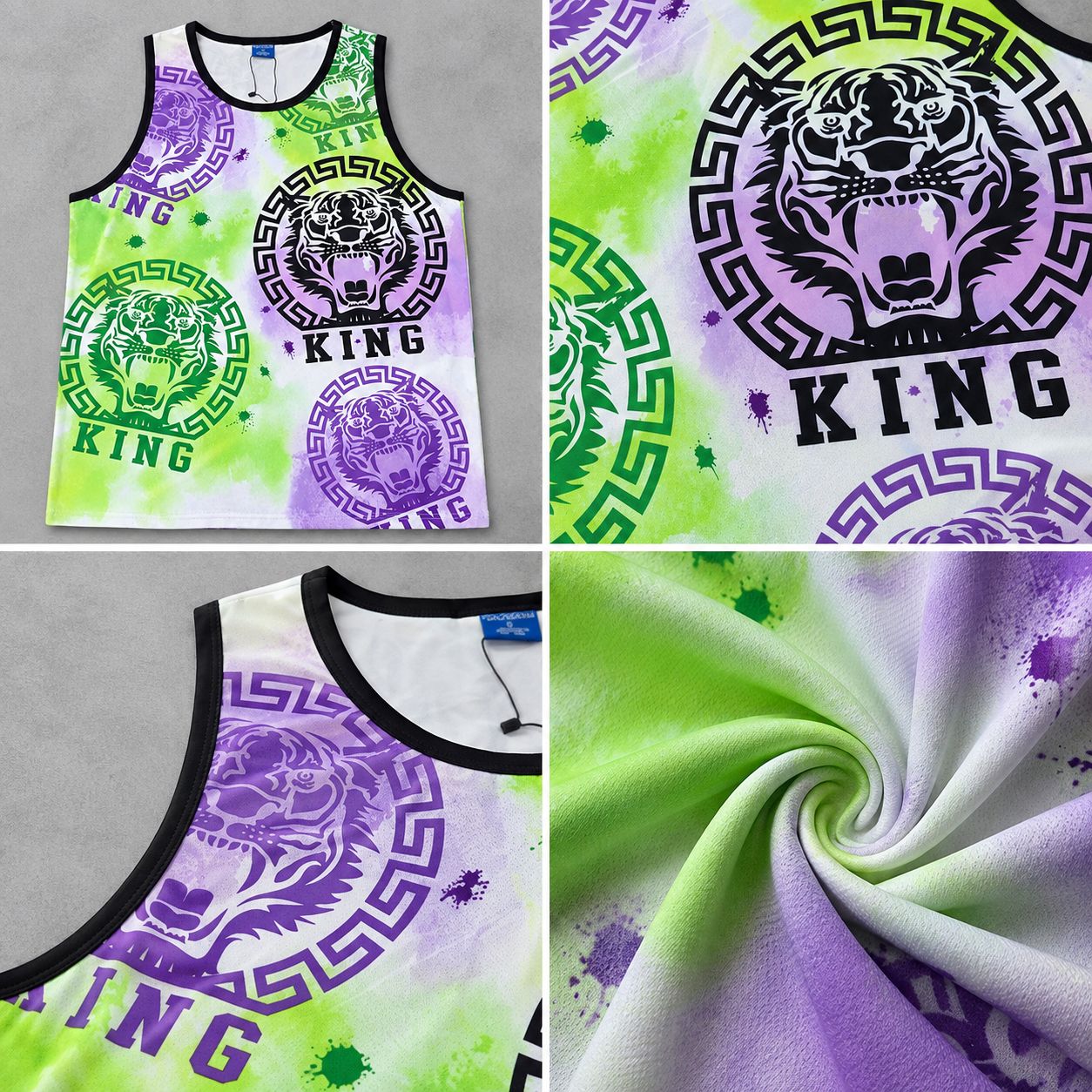 Victorious Men’s Tiger King Graphic Tank Top – Lime Green & Purple