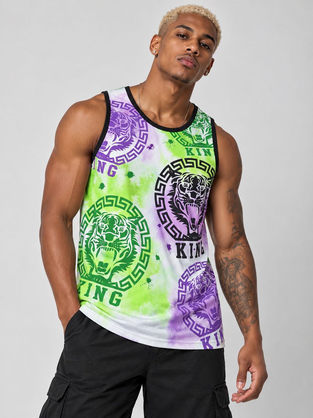 Victorious Men’s Tiger King Graphic Tank Top – Lime Green & Purple