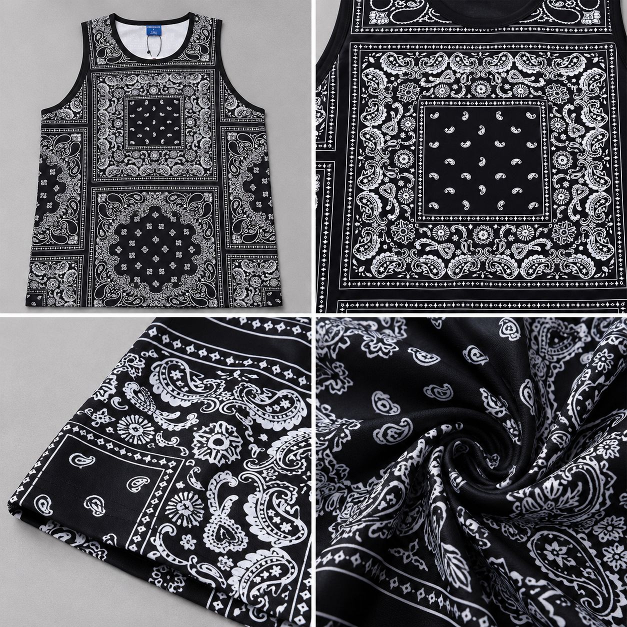 Victorious Men’s Bandana Paisley Print Tank Top – Black & White