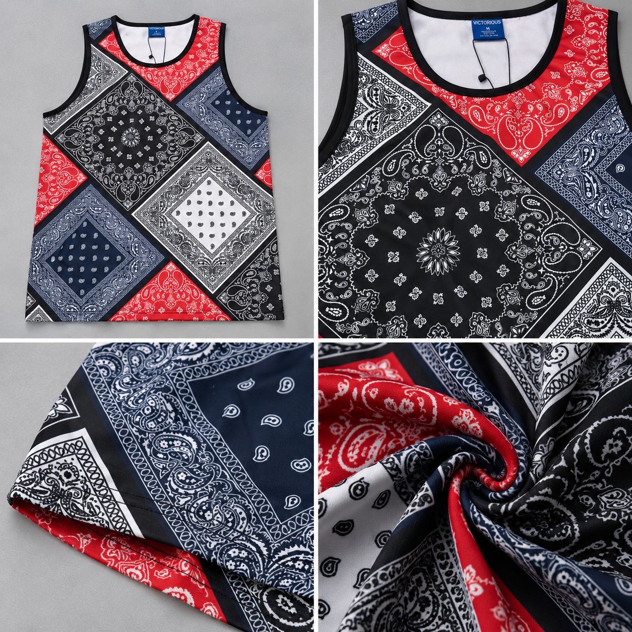 Victorious Men’s Patchwork Bandana Print Tank Top – Black, Red & Navy