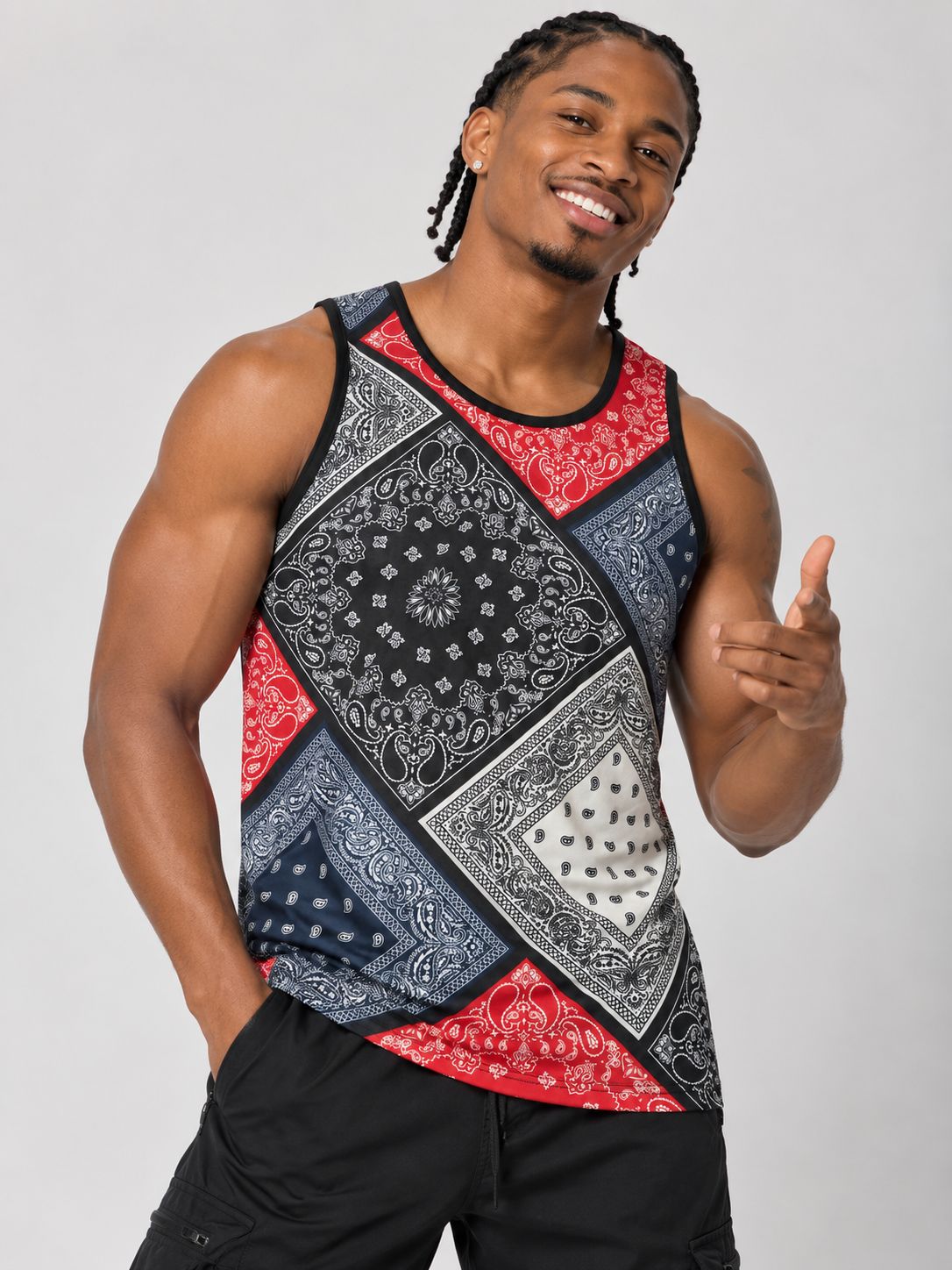 Victorious Men’s Patchwork Bandana Print Tank Top – Black, Red & Navy