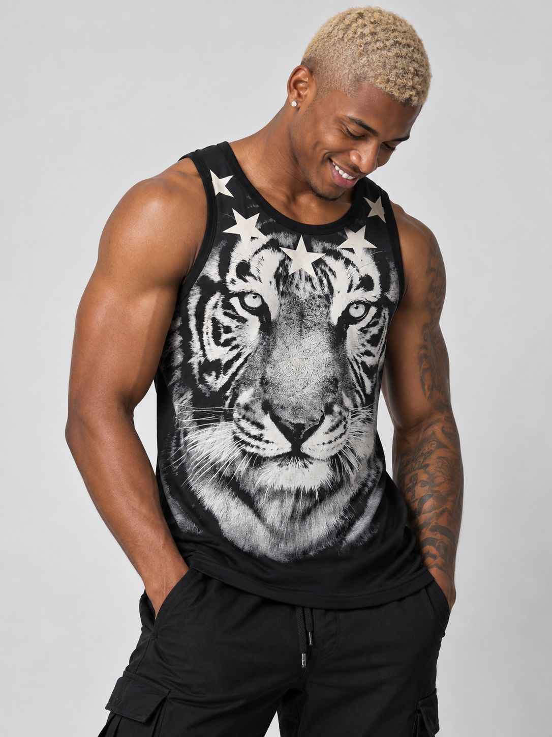 Victorious Men’s Tiger & Stars Graphic Tank Top – Black