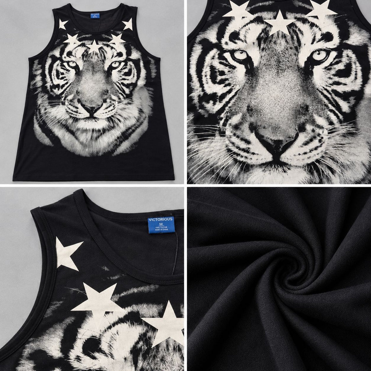 Victorious Men’s Tiger & Stars Graphic Tank Top – Black