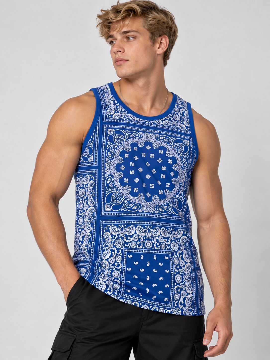 Victorious Men’s Patchwork Bandana Print Tank Top – Royal Blue & White