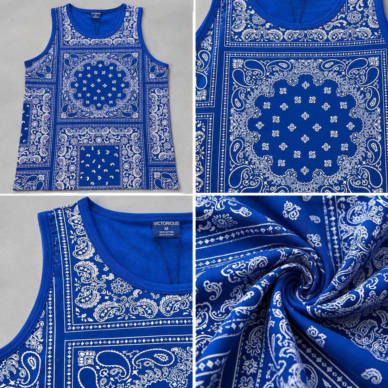 Victorious Men’s Patchwork Bandana Print Tank Top – Royal Blue & White