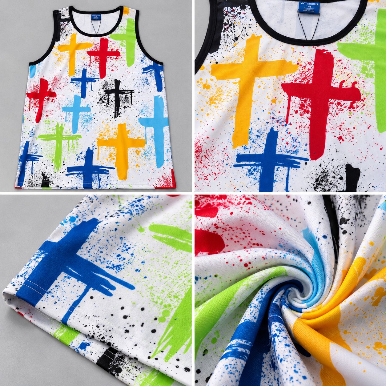 Victorious Men’s Multicolour Cross Print Tank Top – White