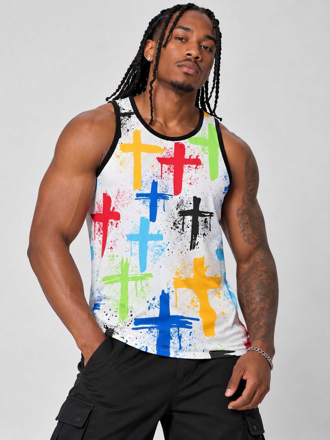 Victorious Men’s Multicolour Cross Print Tank Top – White