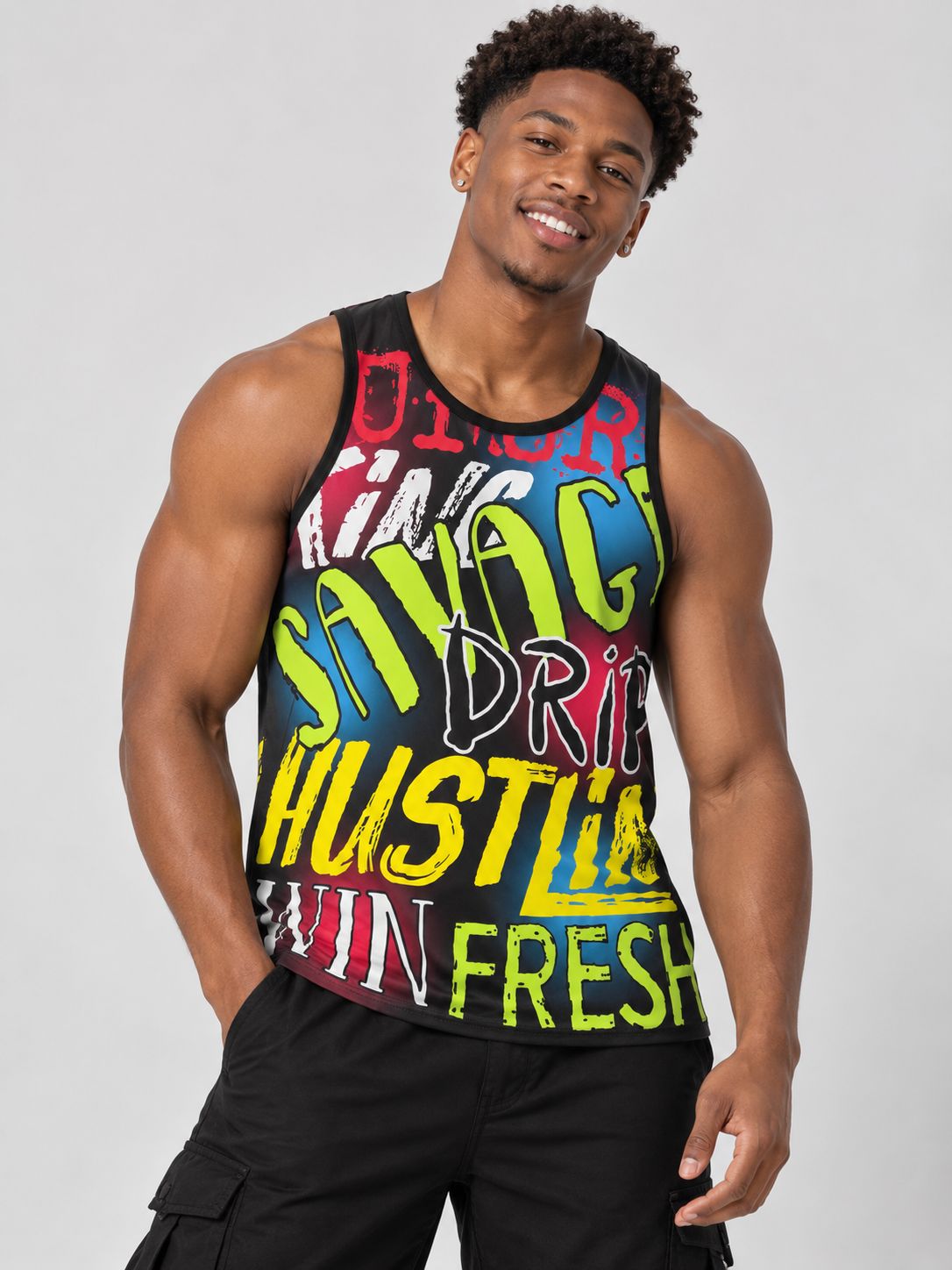 Victorious Men’s Savage Hustle Graphic Tank Top – Black & Multicolour