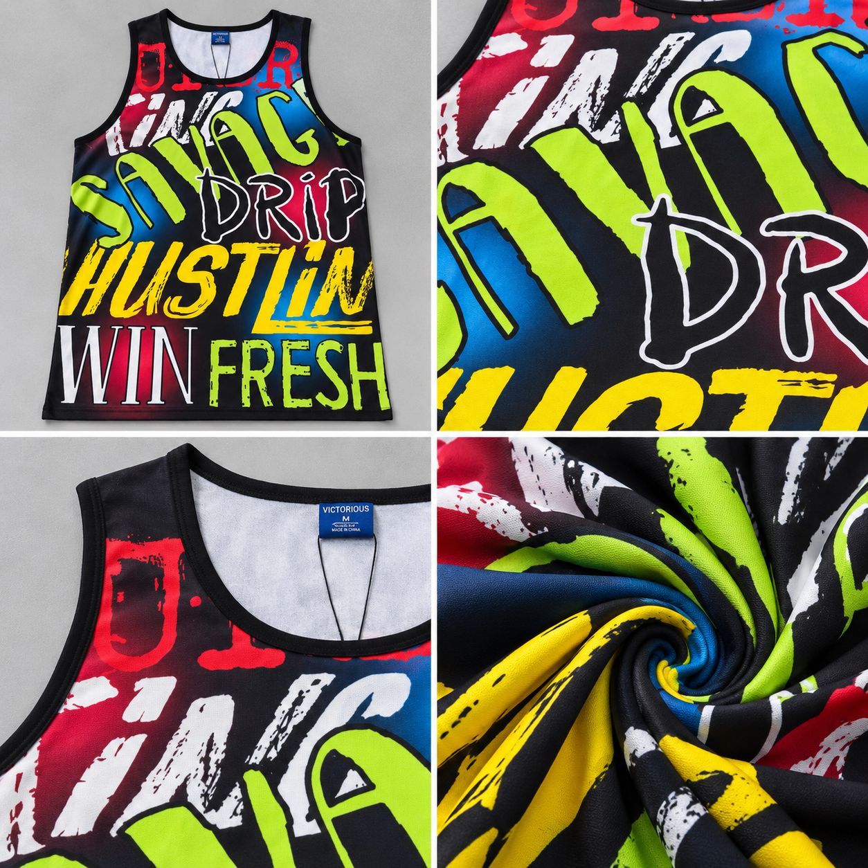 Victorious Men’s Savage Hustle Graphic Tank Top – Black & Multicolour