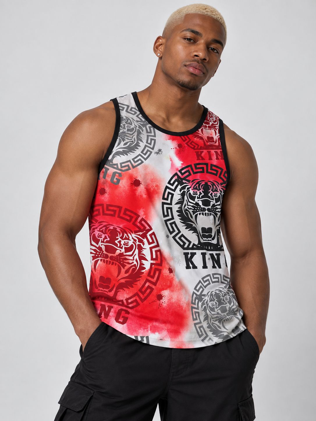 Victorious Men’s Tiger King Graphic Tank Top – Red & Grey