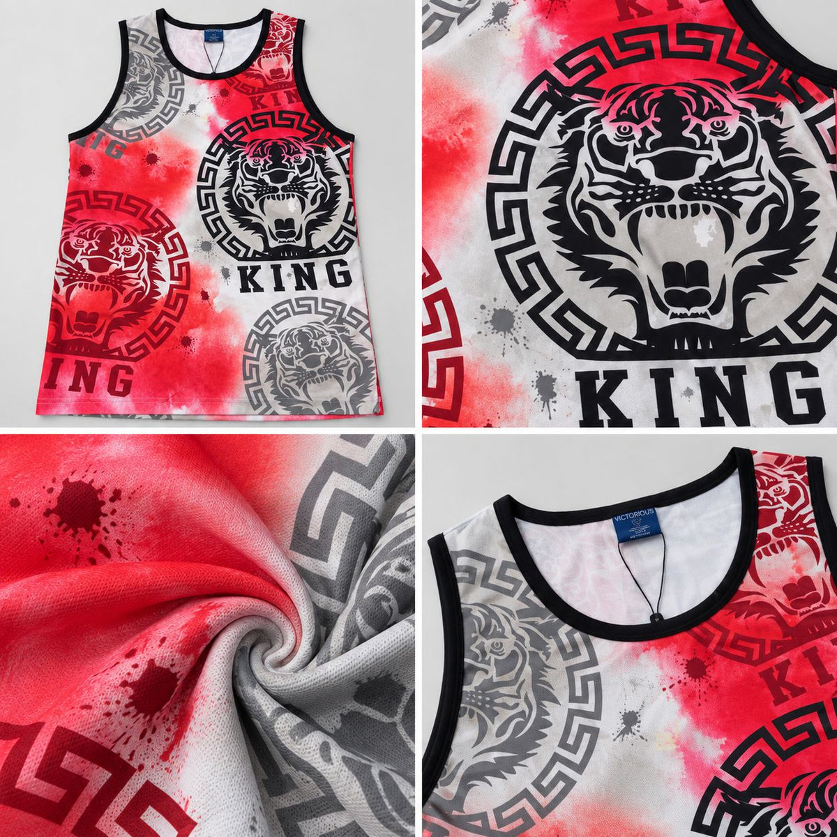 Victorious Men’s Tiger King Graphic Tank Top – Red & Grey