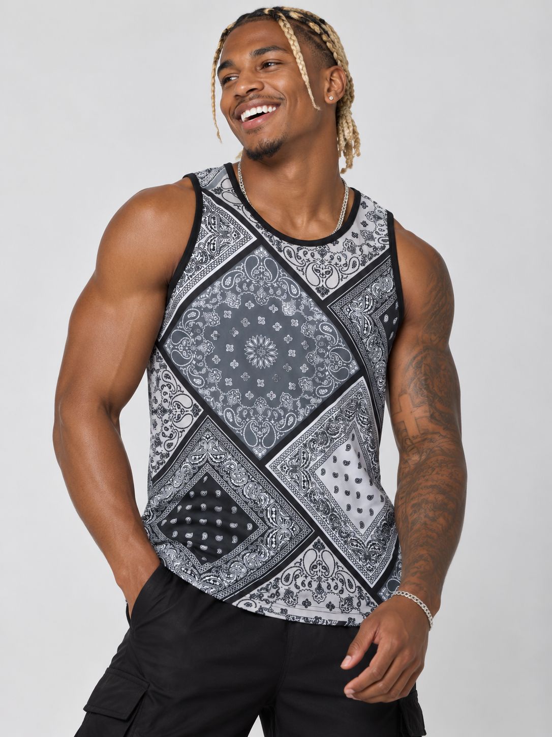 Victorious Men’s Patchwork Bandana Print Tank Top – Grey & Black