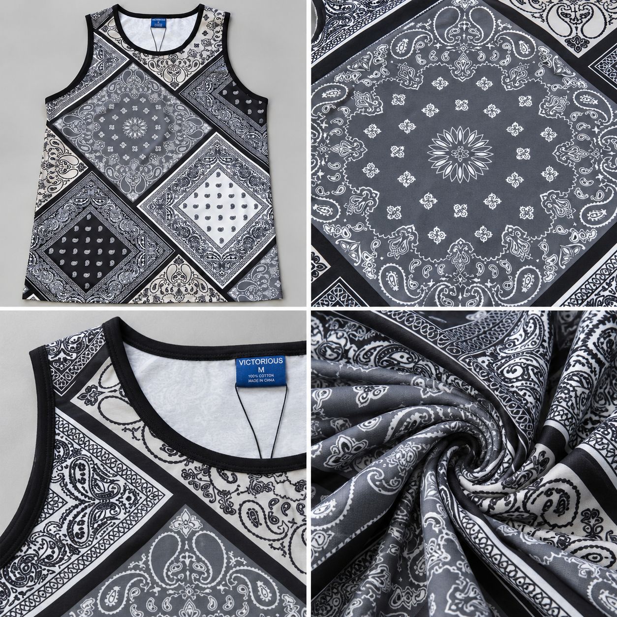 Victorious Men’s Patchwork Bandana Print Tank Top – Grey & Black