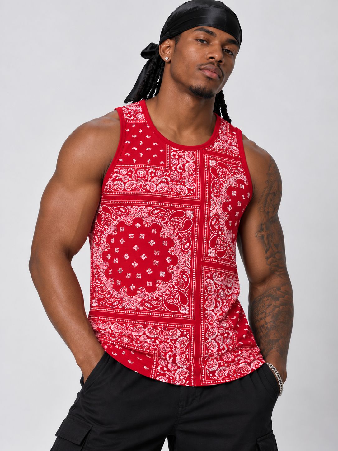 Victorious Men’s Patchwork Bandana Print Tank Top – Red & White