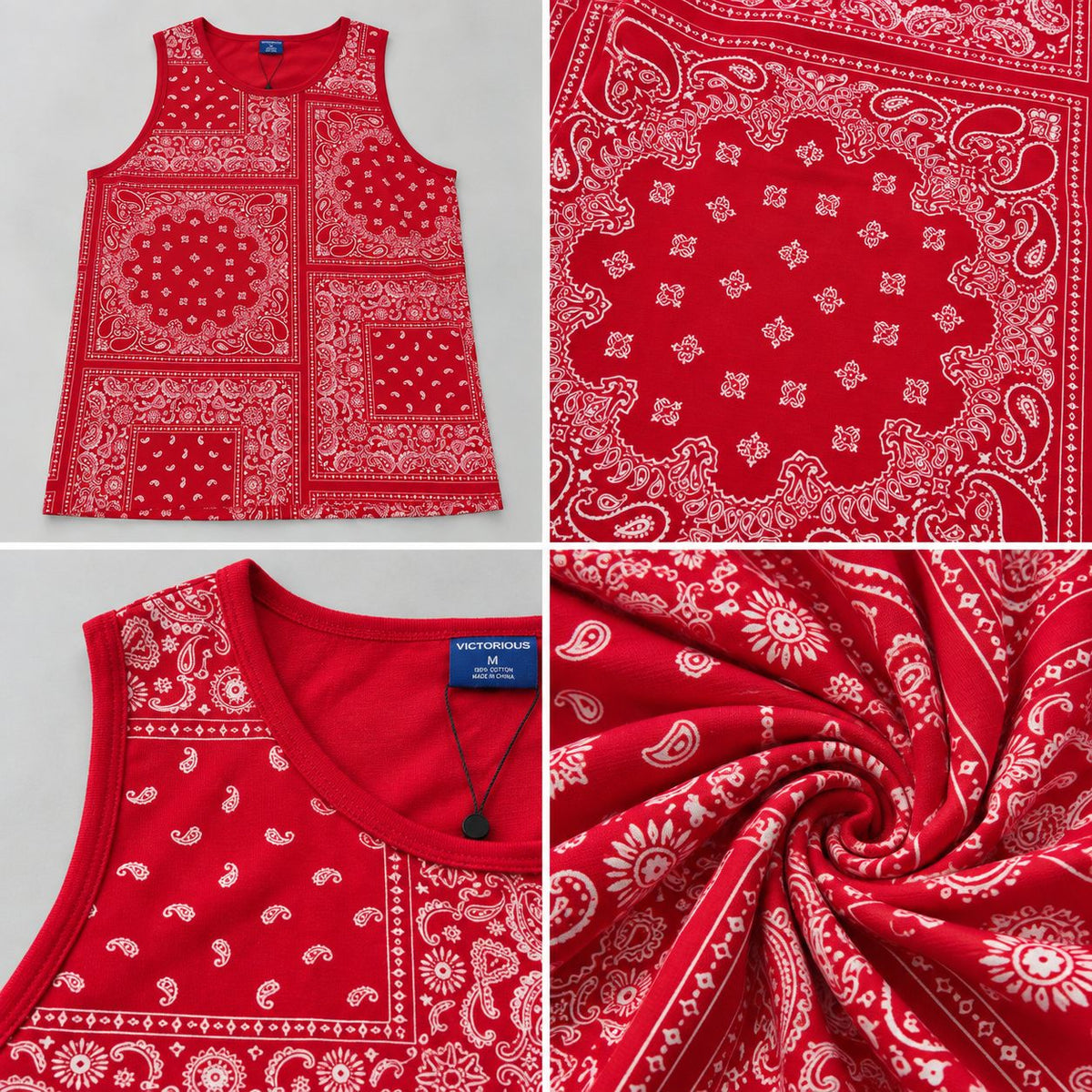 Victorious Men’s Patchwork Bandana Print Tank Top – Red & White