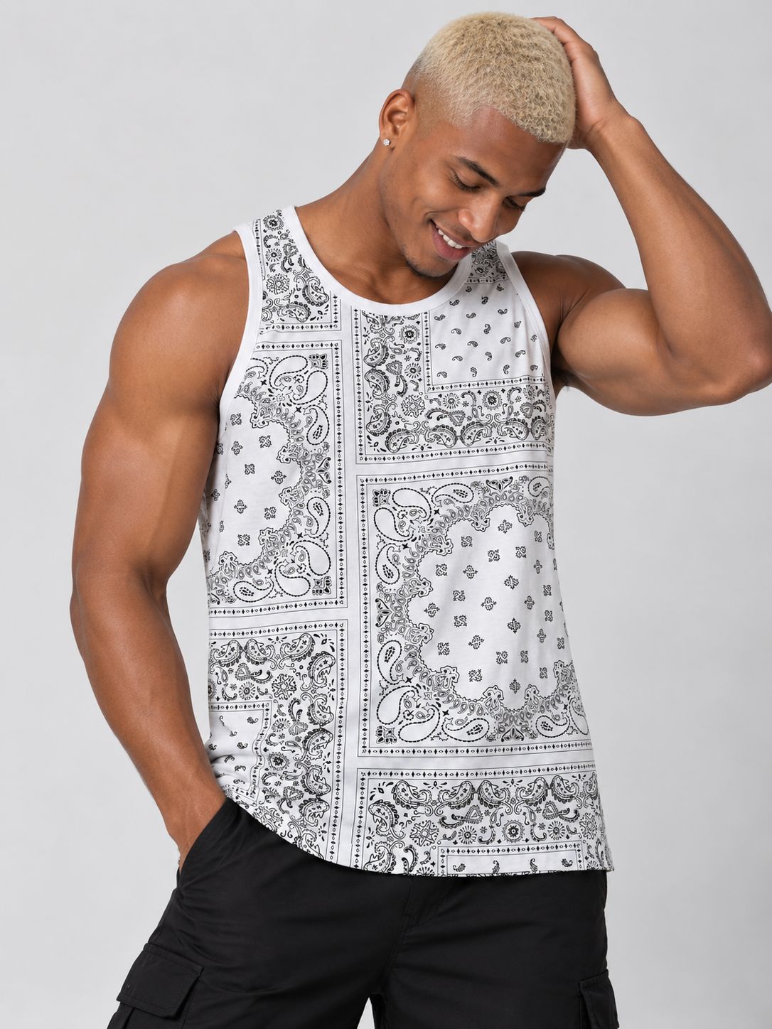 Victorious Men’s Patchwork Bandana Print Tank Top – White & Black
