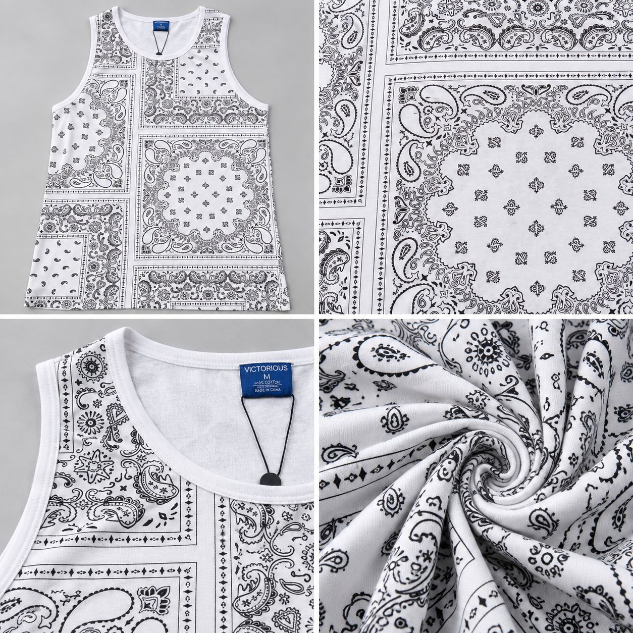 Victorious Men’s Patchwork Bandana Print Tank Top – White & Black