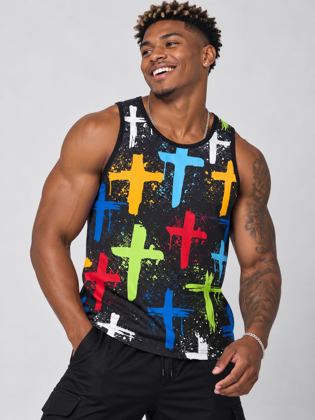 Victorious Men’s Multicolour Cross Print Tank Top – Black