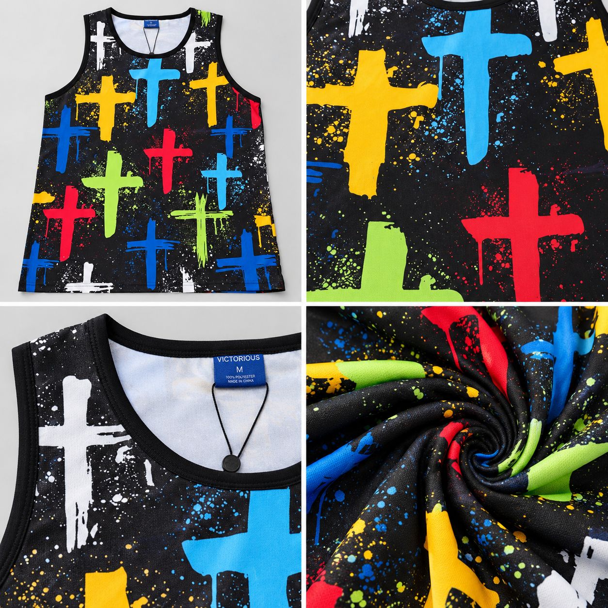 Victorious Men’s Multicolour Cross Print Tank Top – Black