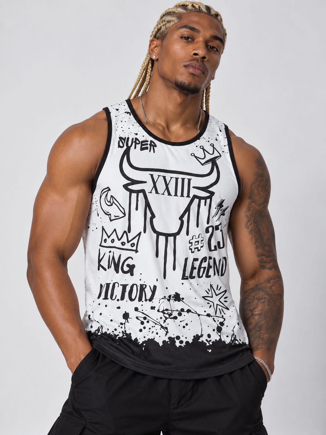 Victorious Men’s King Legend Graphic Tank Top – White & Black