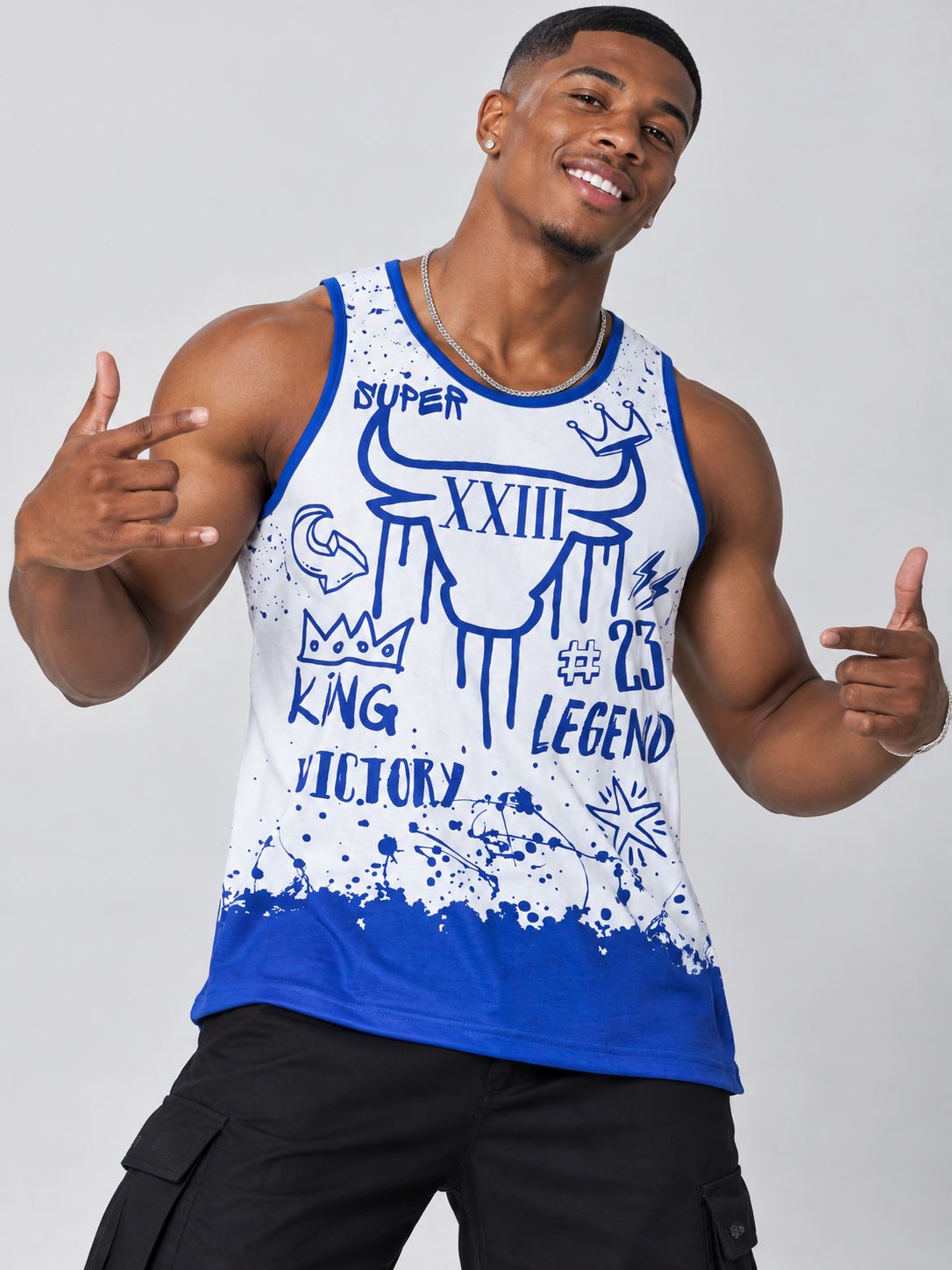 Victorious Men’s King Legend Graphic Tank Top – White & Royal Blue
