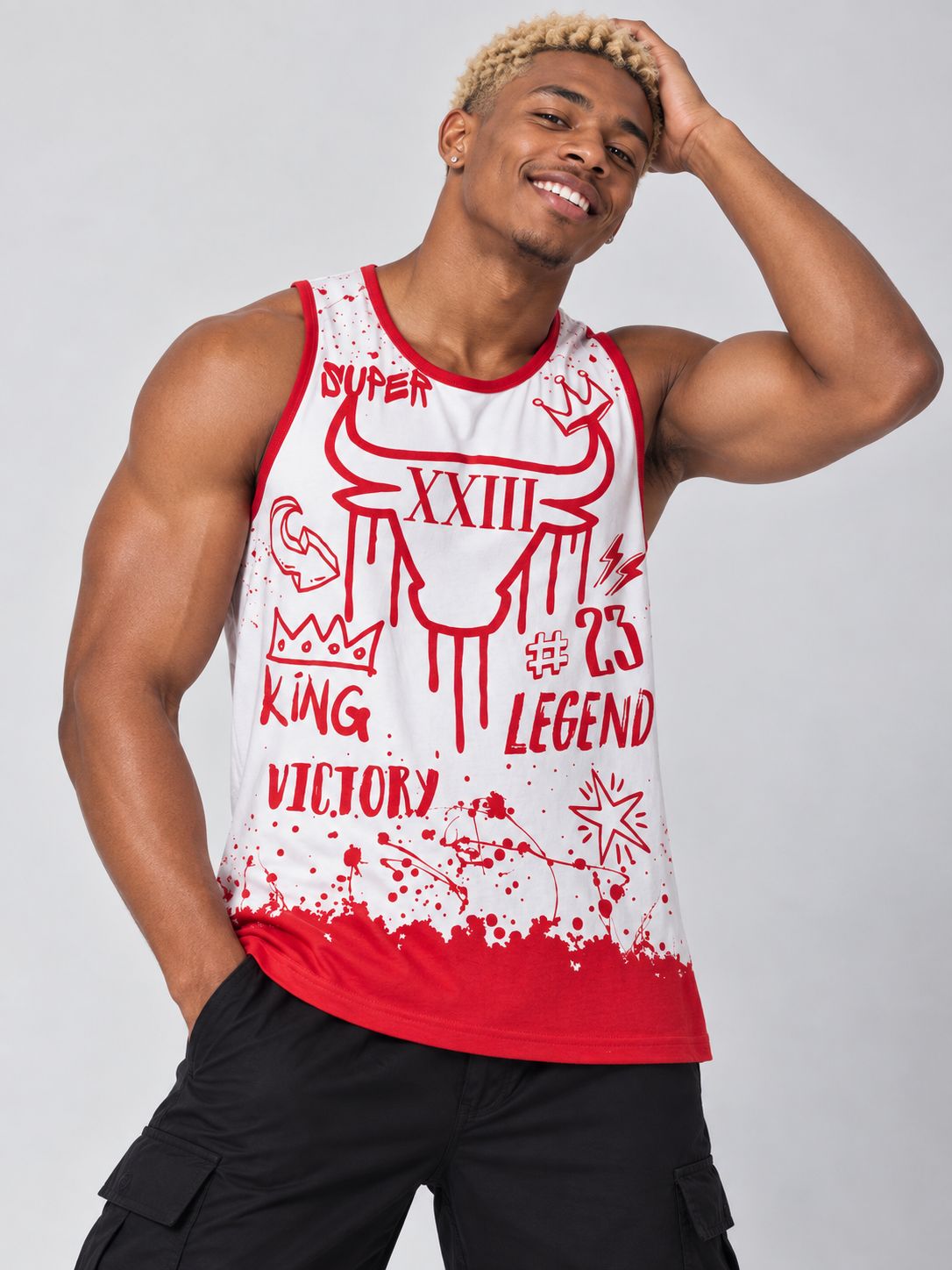 Victorious Men’s King Legend Graphic Tank Top – White & Red