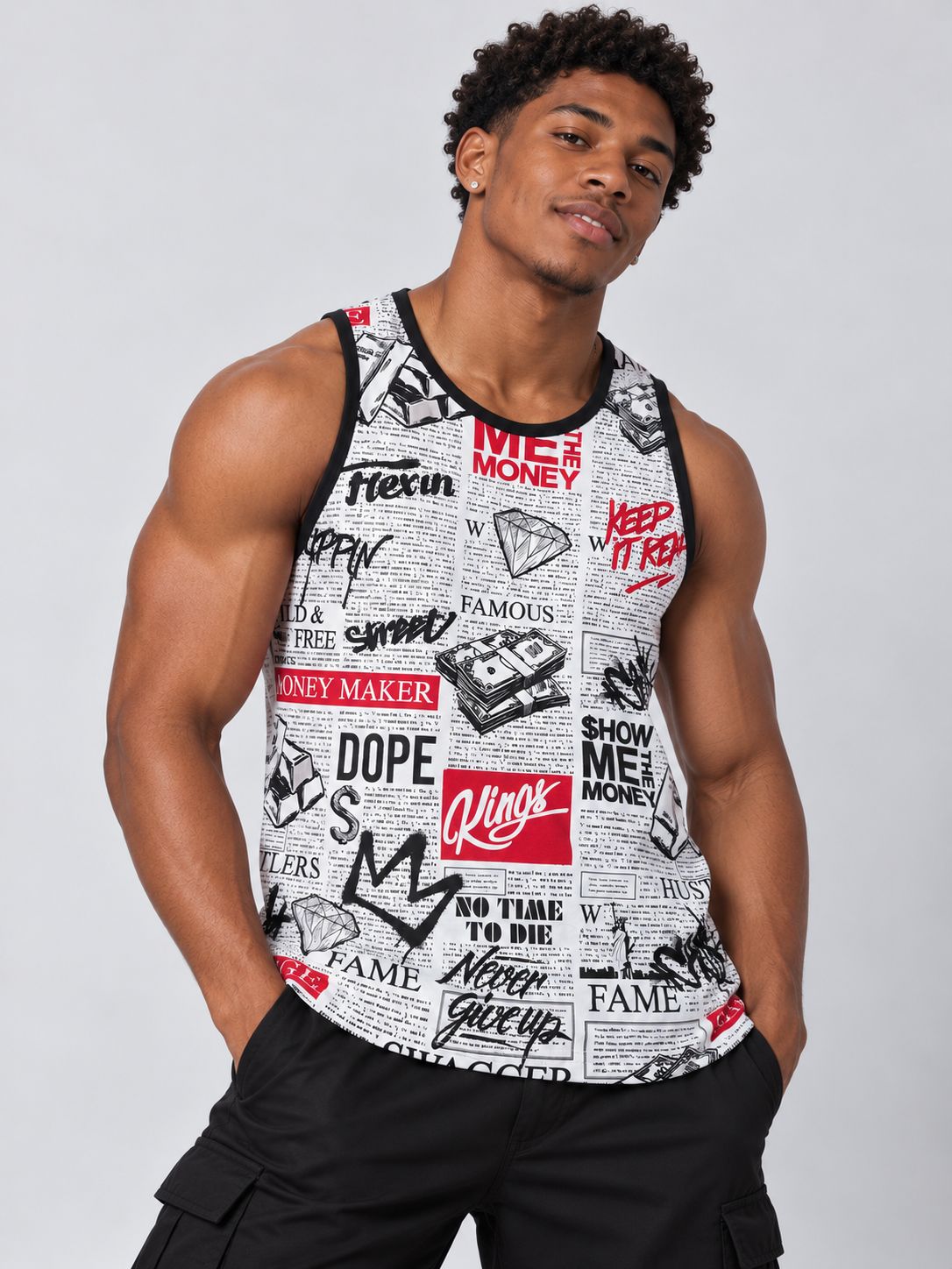 Victorious Men’s Money Maker Newspaper Print Tank Top – White