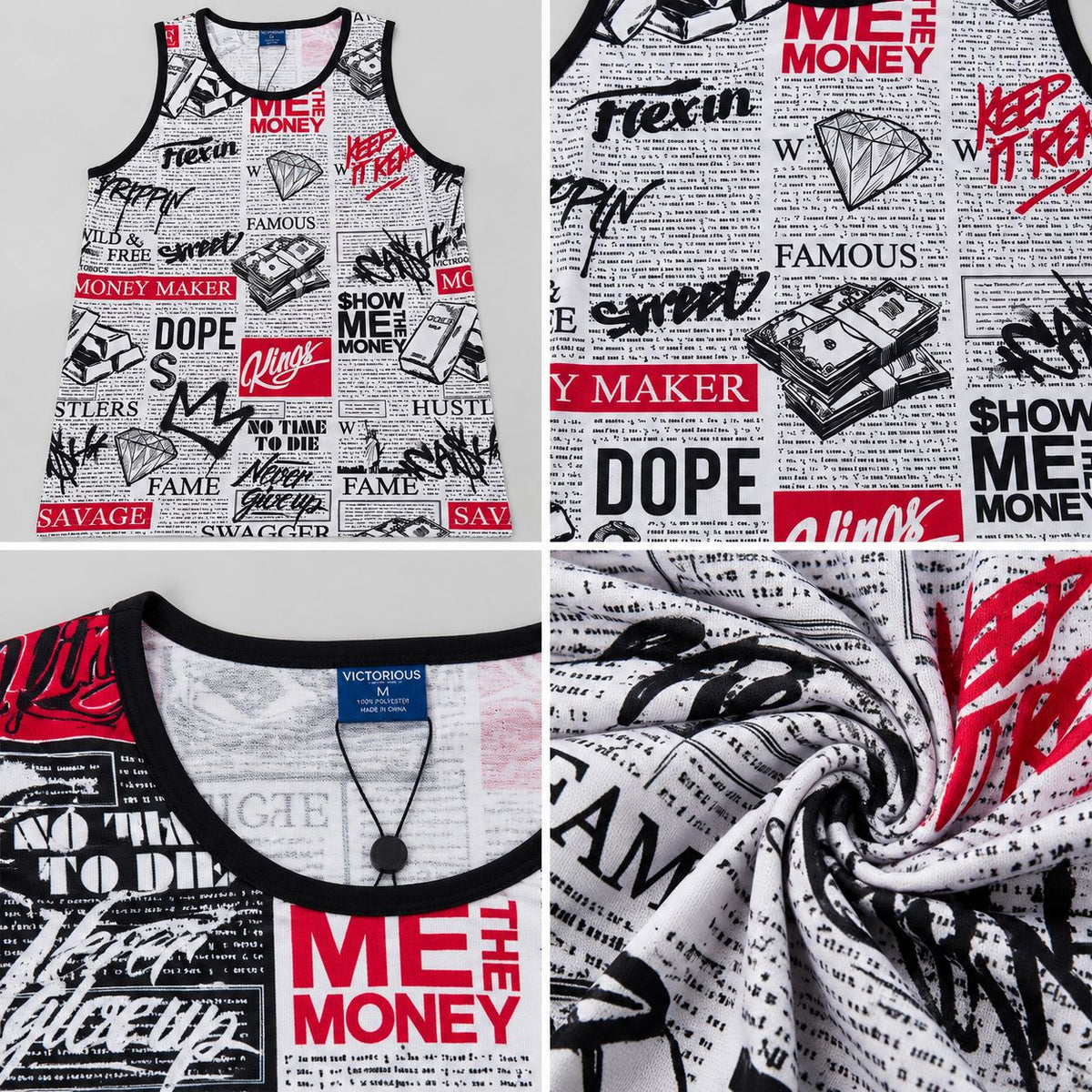 Victorious Men’s Money Maker Newspaper Print Tank Top – White
