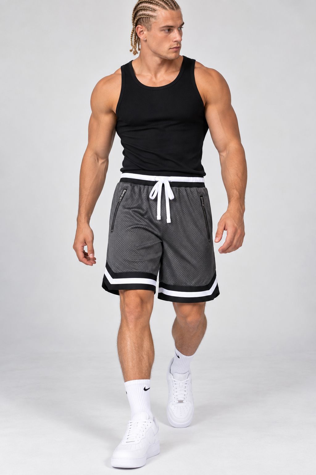 Men’s Striped Mesh Basketball Shorts – Charcoal Grey