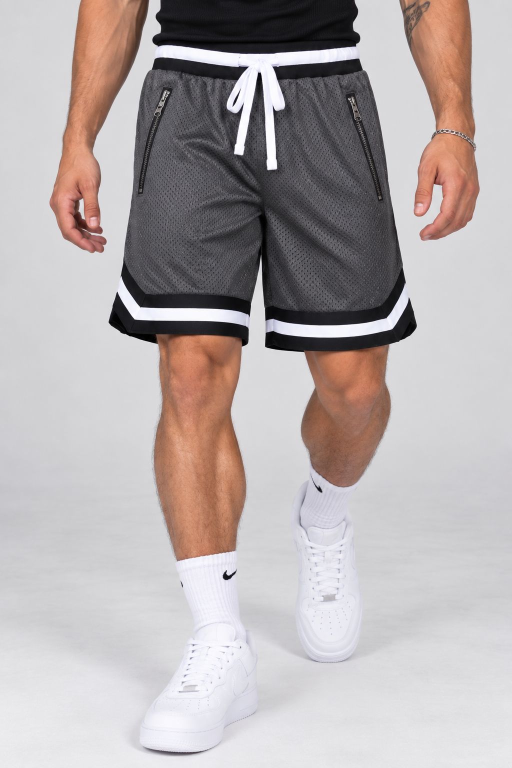 Men’s Striped Mesh Basketball Shorts – Charcoal Grey