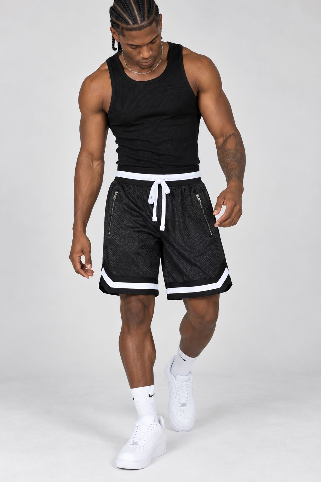Men’s Striped Mesh Basketball Shorts – Black