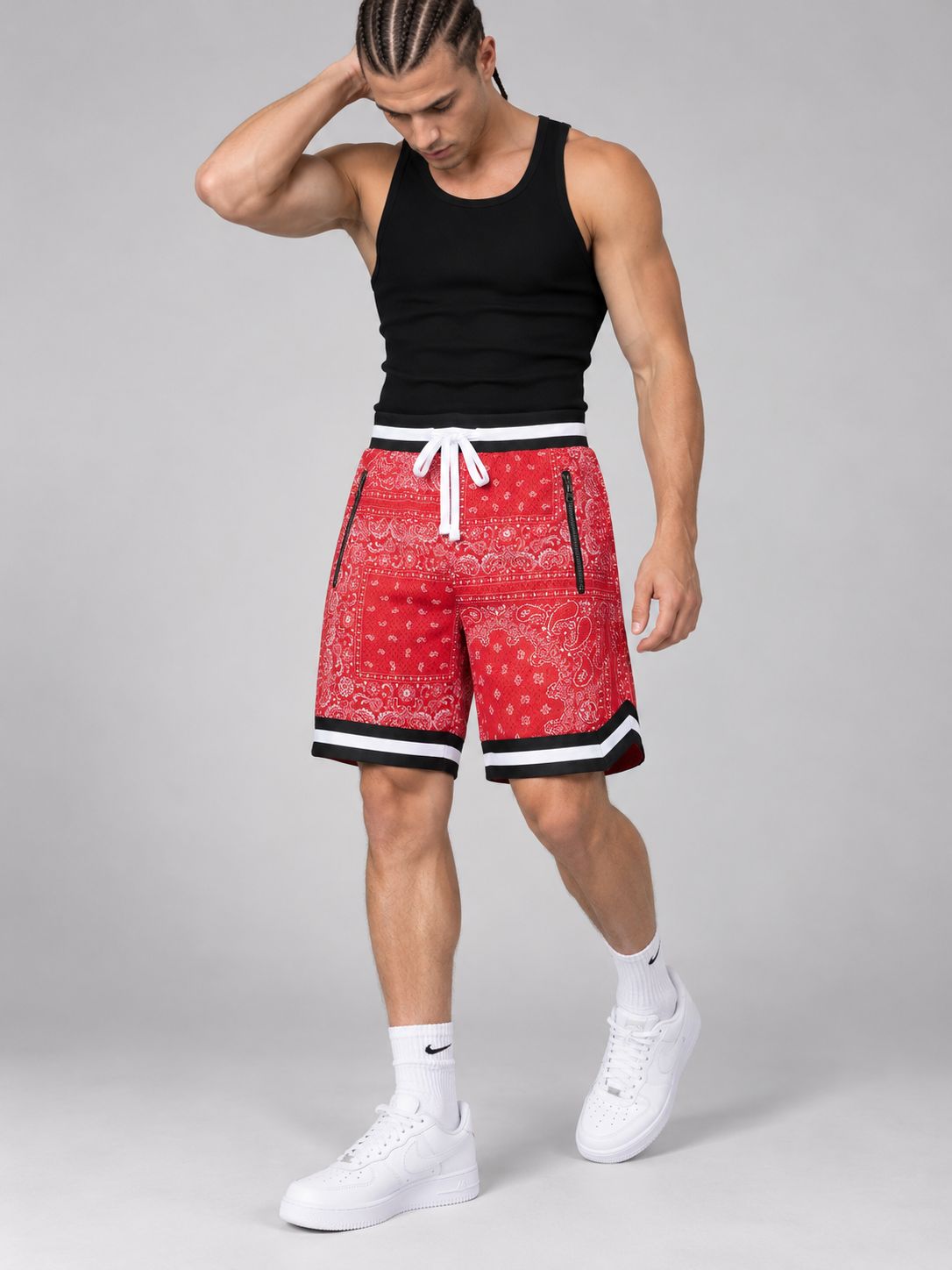 Men’s Bandana Print Mesh Basketball Shorts – Red