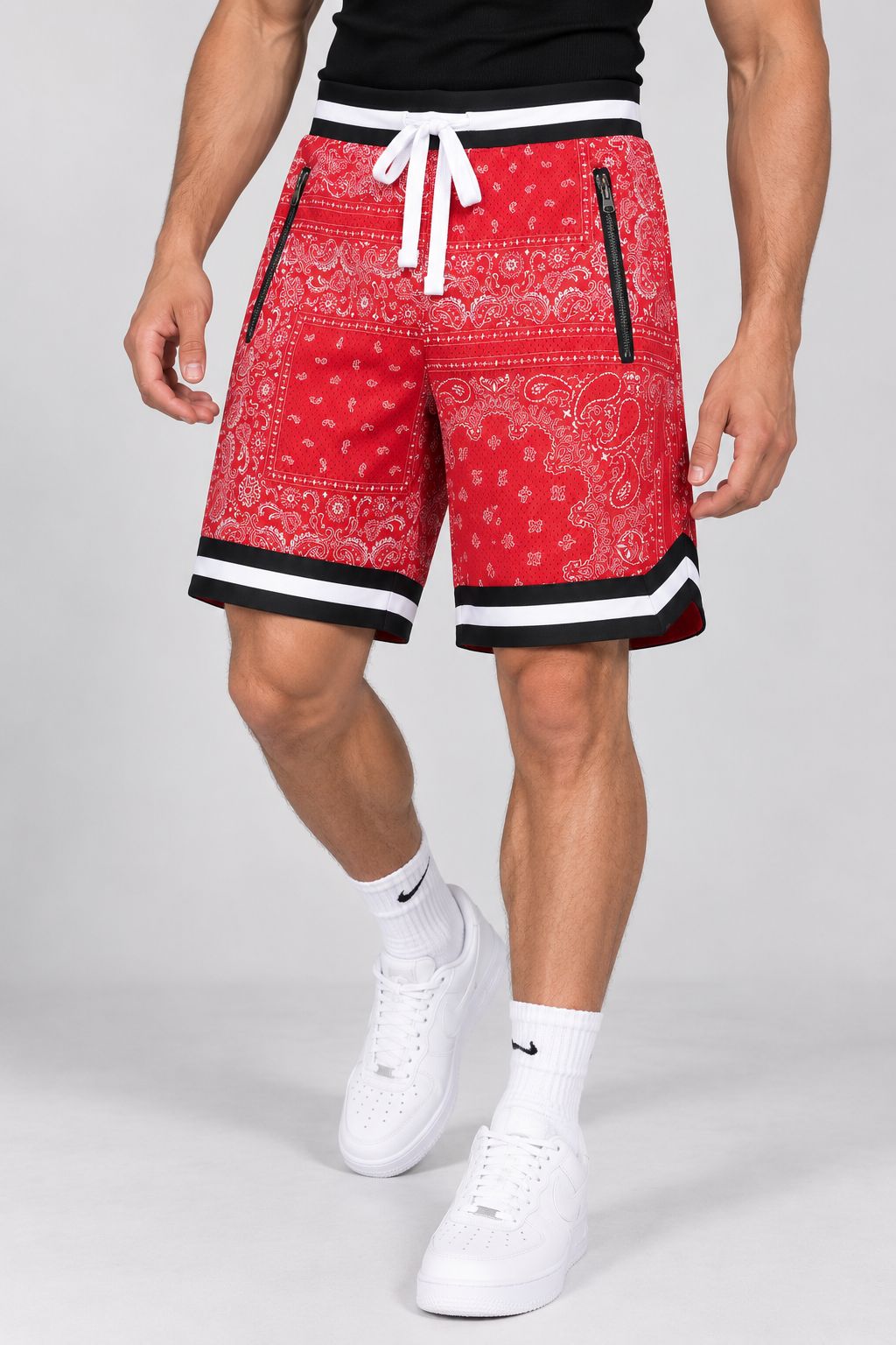 Men’s Bandana Print Mesh Basketball Shorts – Red