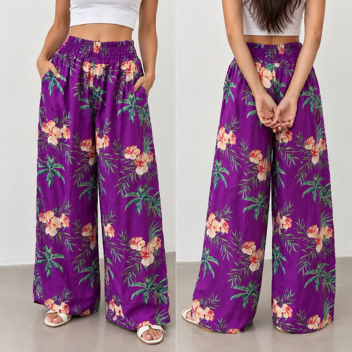 Women’s Tropical Print Wide-Leg Bali Pants – Free Size