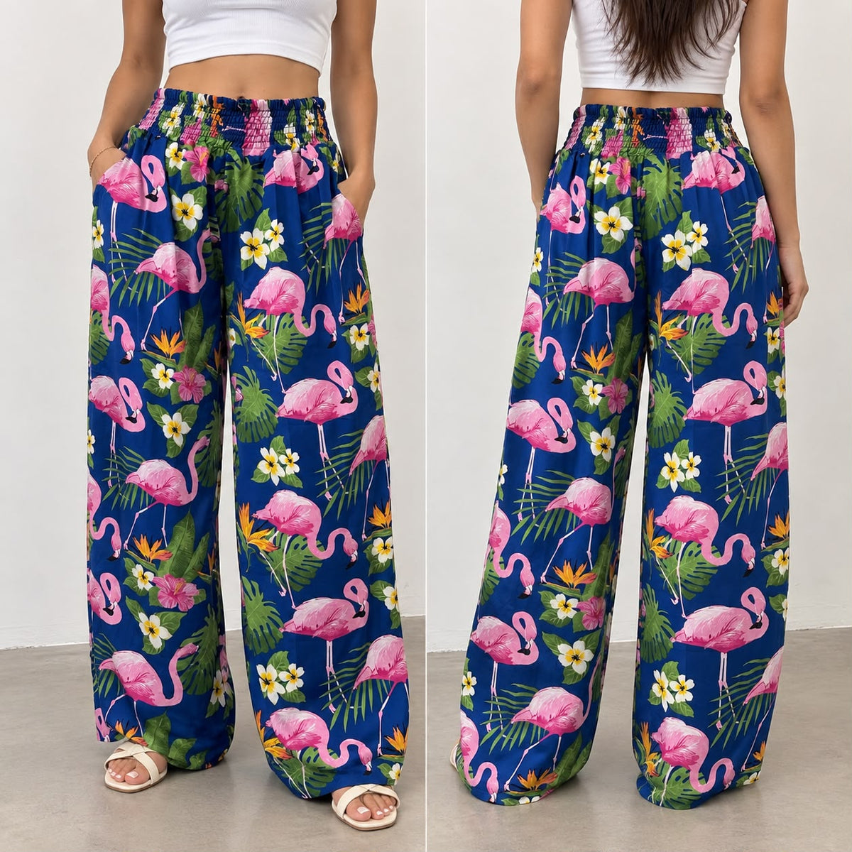 Women’s Tropical Print Wide-Leg Bali Pants – Free Size