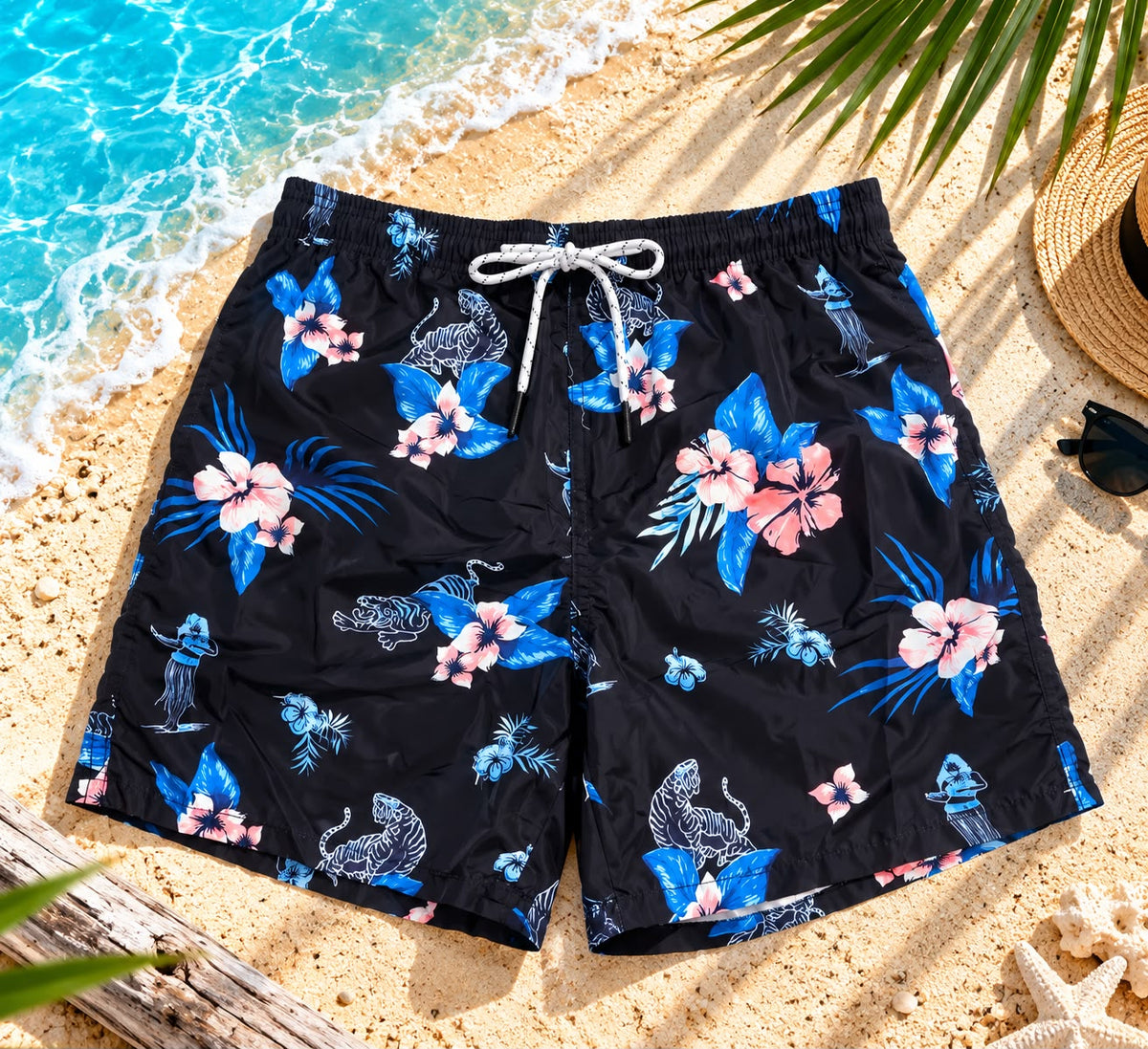 Men’s Hibiscus Tiger Print Beach Shorts – Black/Blue/Pink