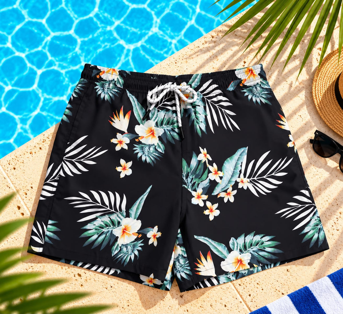 Men’s Tropical Floral Beach Shorts – Black