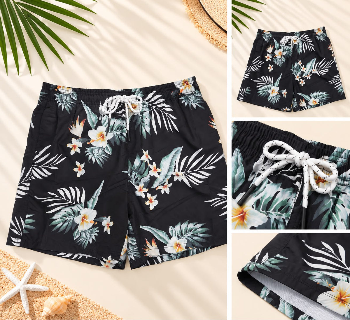 Men’s Tropical Floral Beach Shorts – Black