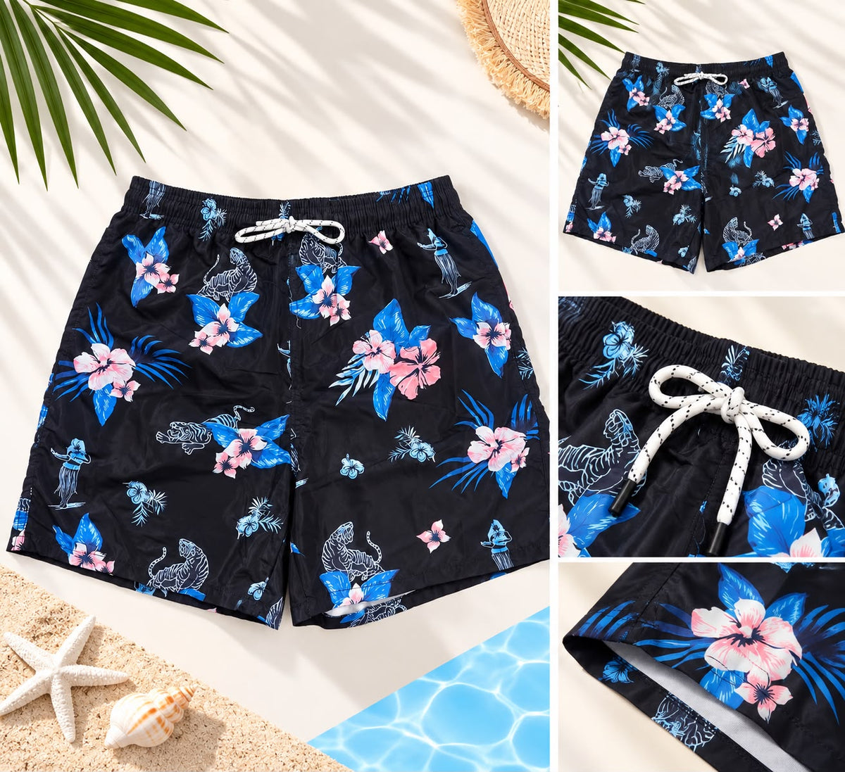 Men’s Hibiscus Tiger Print Beach Shorts – Black/Blue/Pink