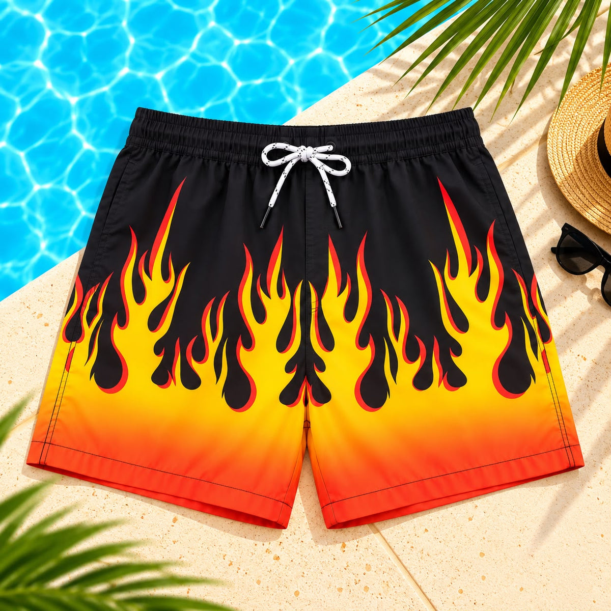 Flame Print Drawstring Swim Shorts – Black/Orange