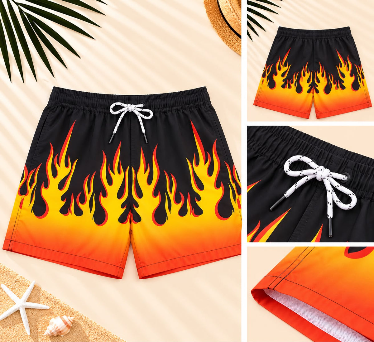 Flame Print Drawstring Swim Shorts – Black/Orange