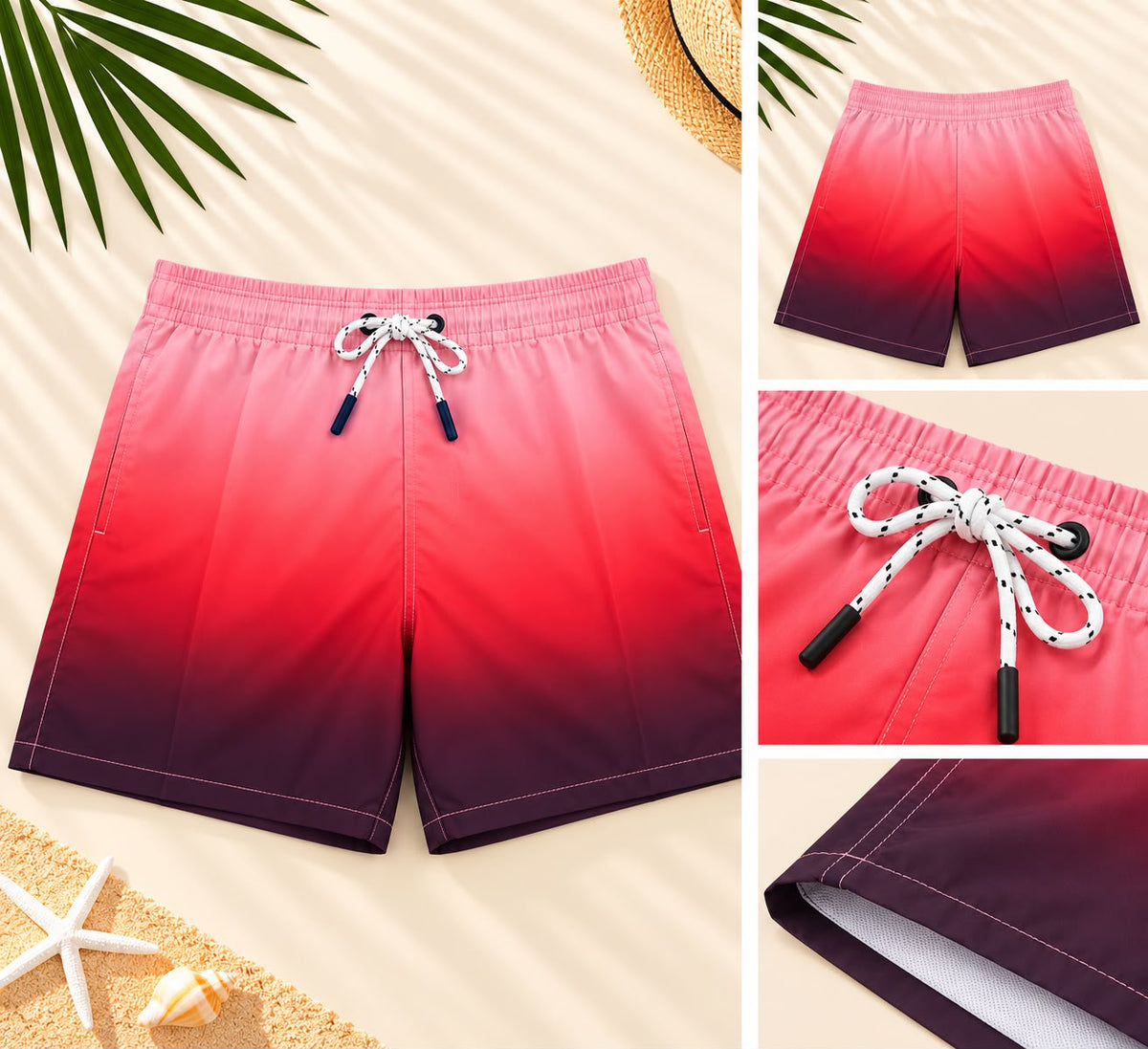 Men’s Ombre Beach Shorts – Pink/Red/Burgundy