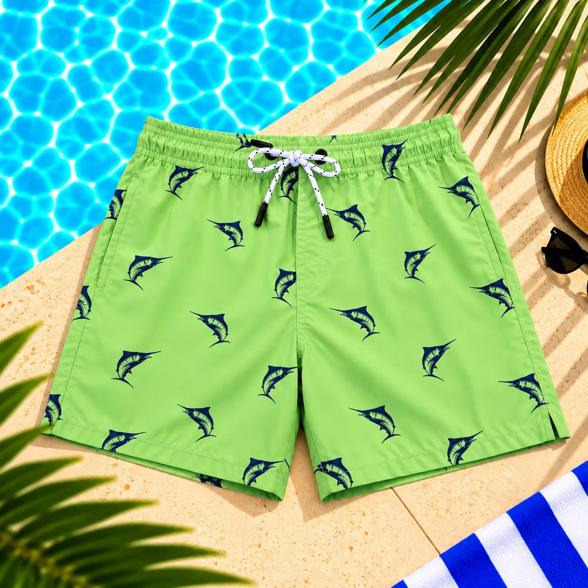 Marlin Print Drawstring Shorts – Lime Green