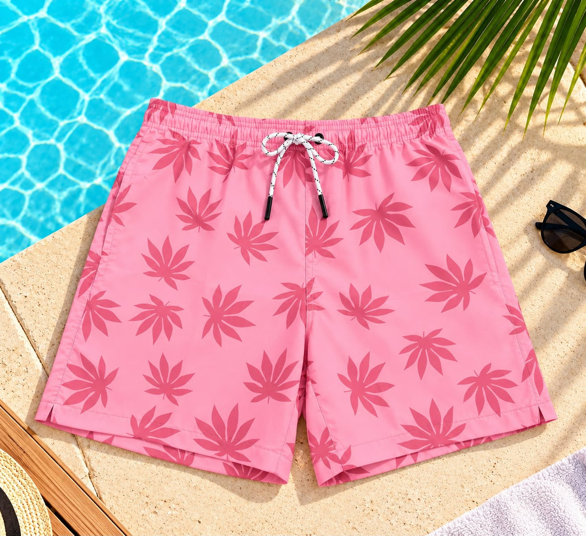 Leaf Print Drawstring Shorts – Pink