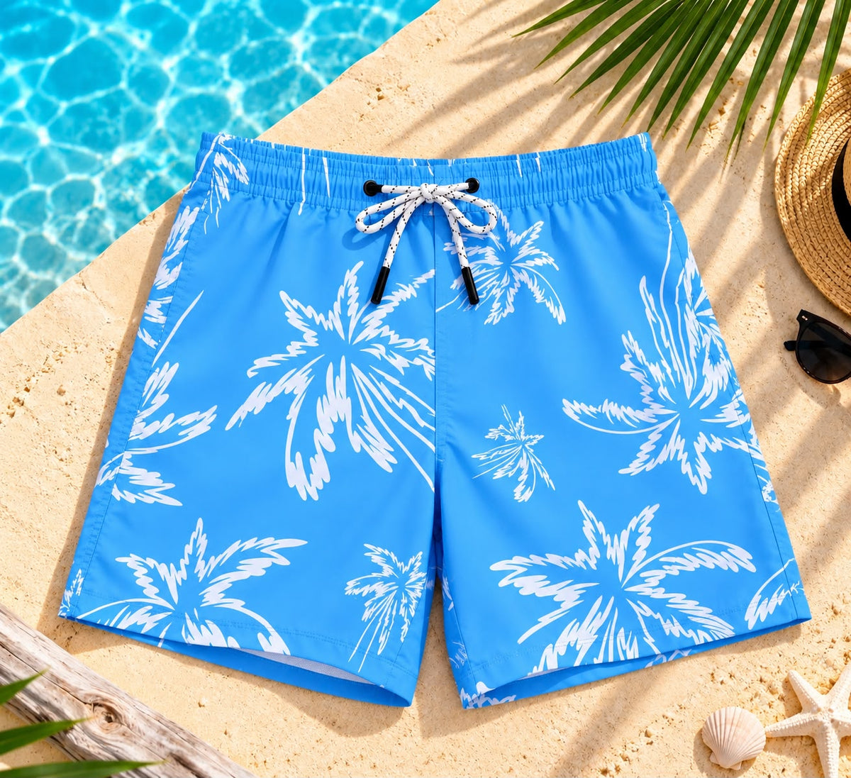 Palm Tree Print Drawstring Shorts – Blue