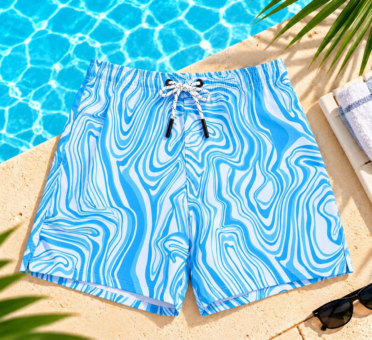 Abstract Swirl Print Drawstring Shorts – Blue & White