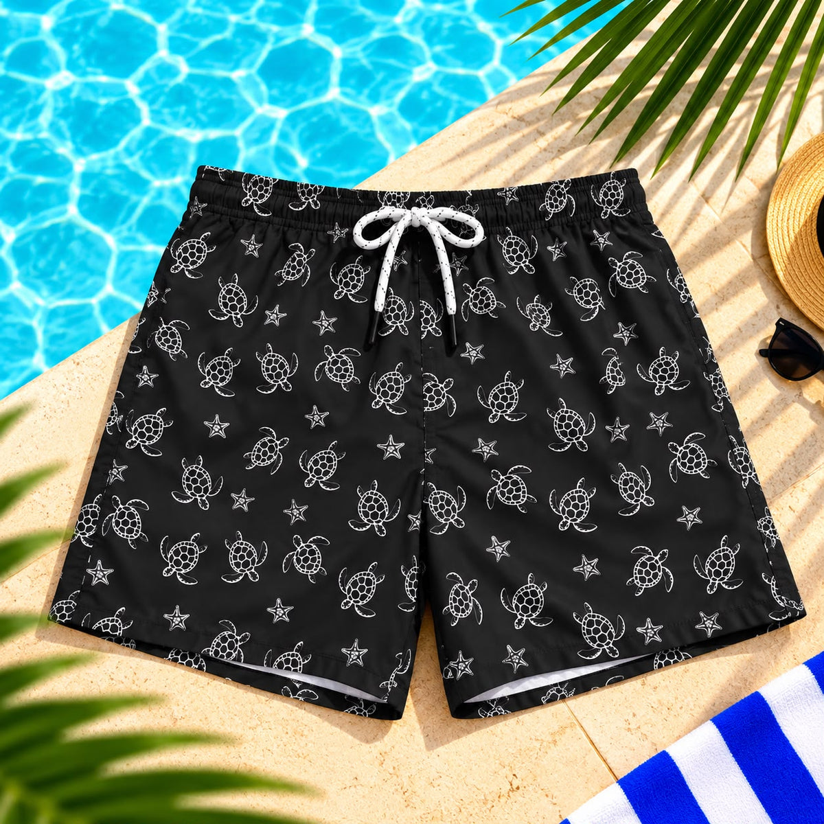 Turtle & Starfish Print Drawstring Shorts – Black