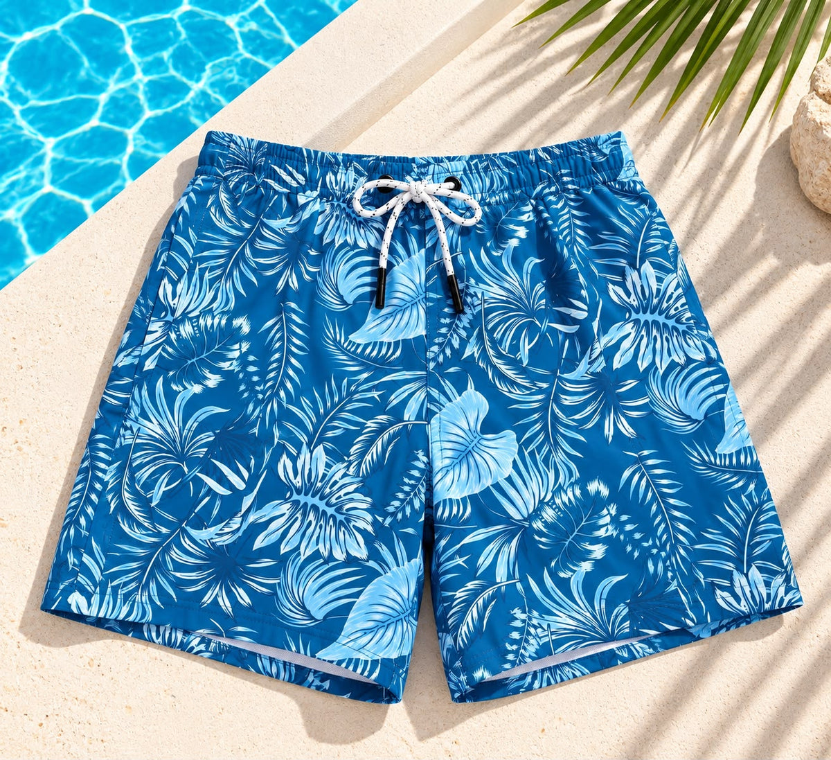 Tropical Leaf Print Drawstring Shorts – Blue