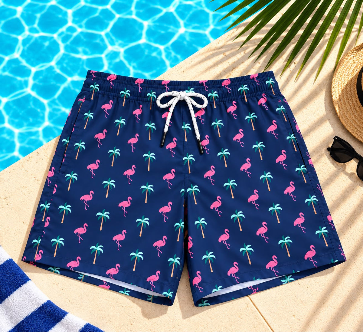 Flamingo & Palm Tree Print Drawstring Shorts – Navy