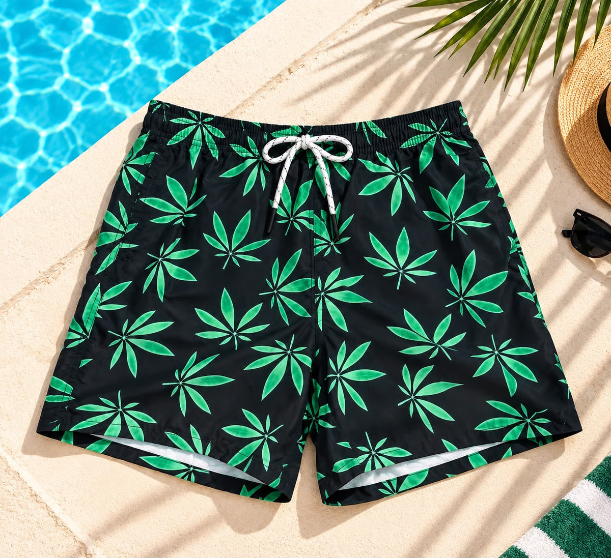 Green Leaf Print Drawstring Shorts – Black